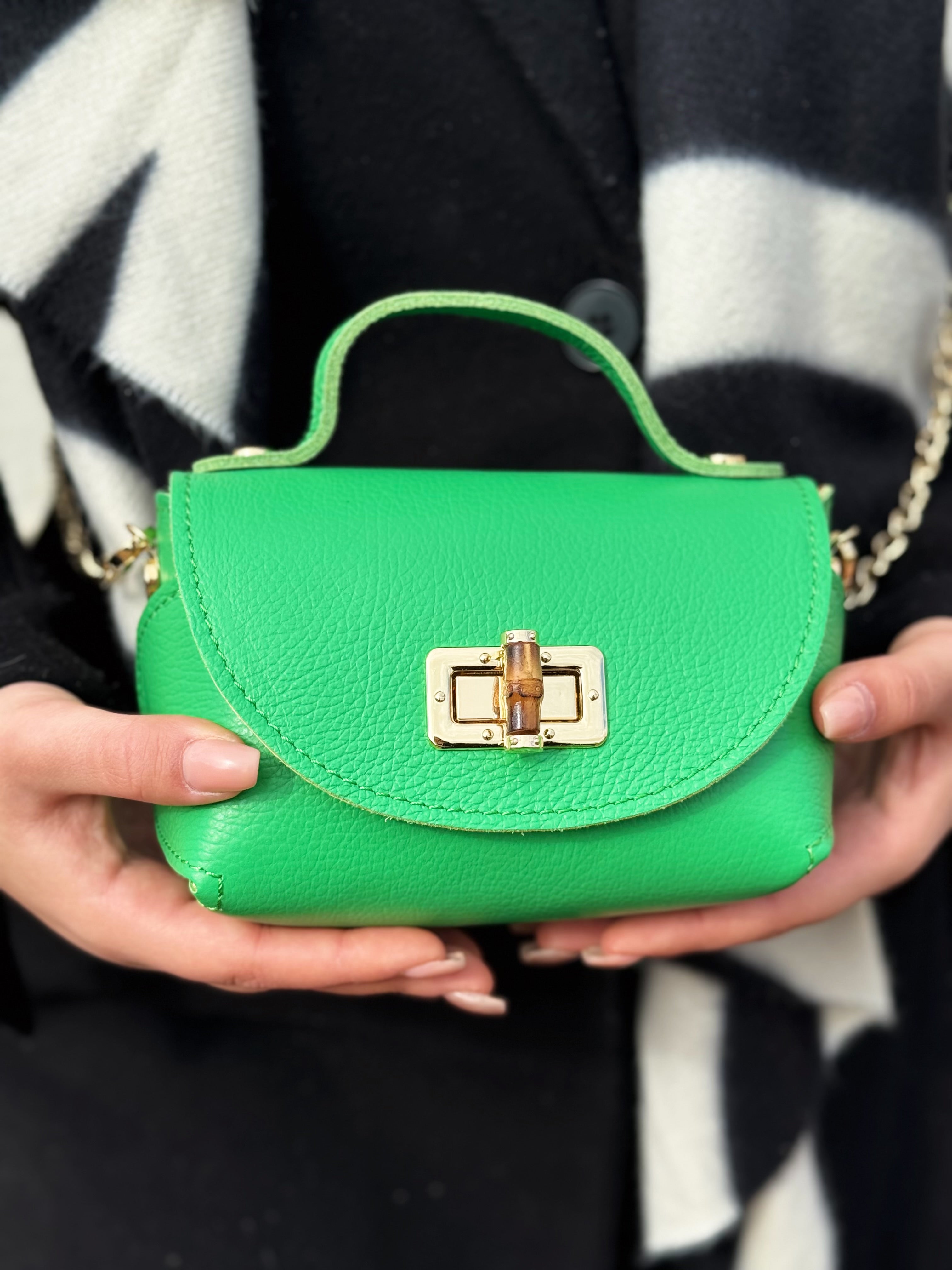 Borsa in vera pelle con chiusura in bambù