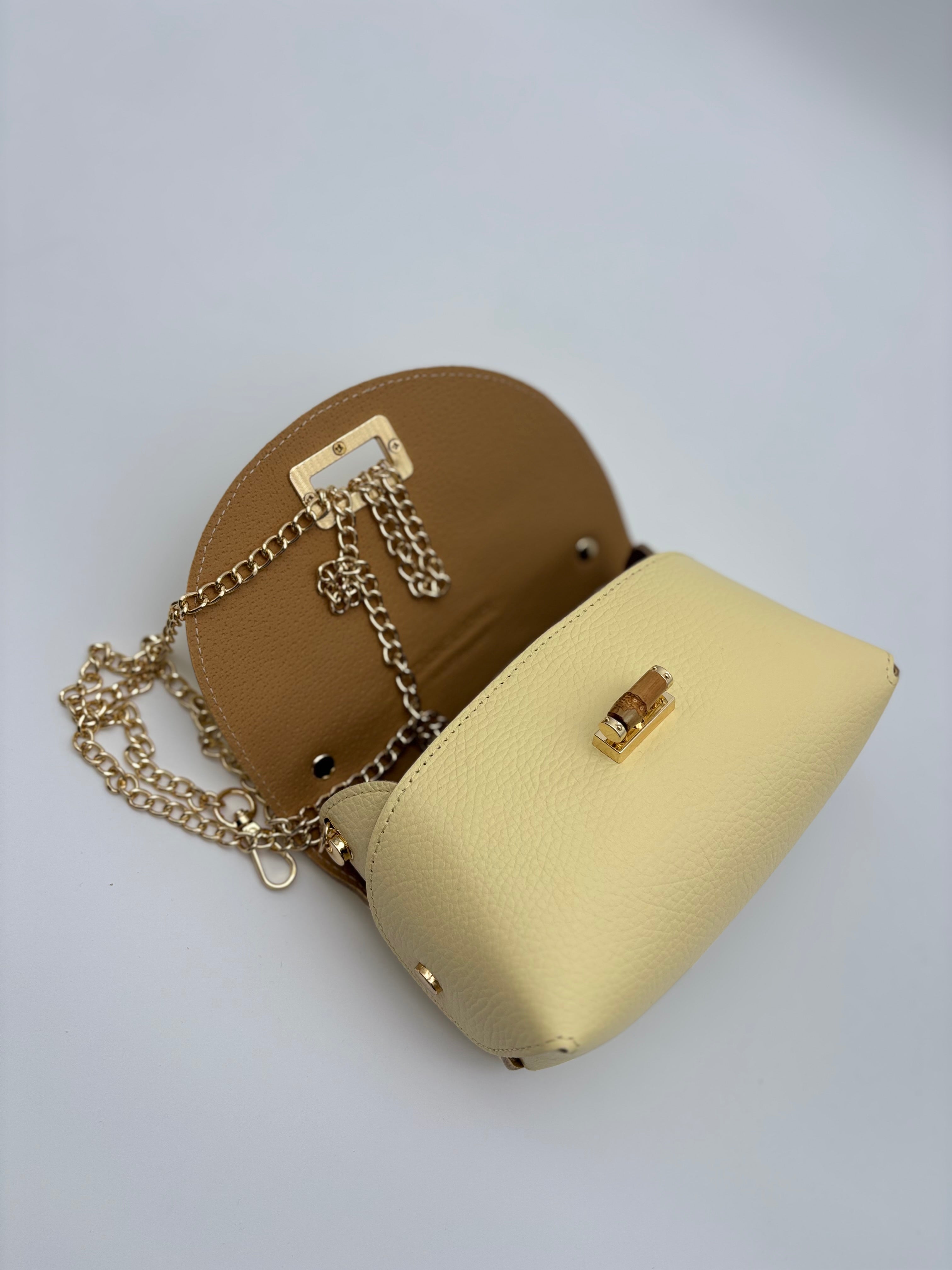 Borsa in vera pelle con chiusura in bambù giallo