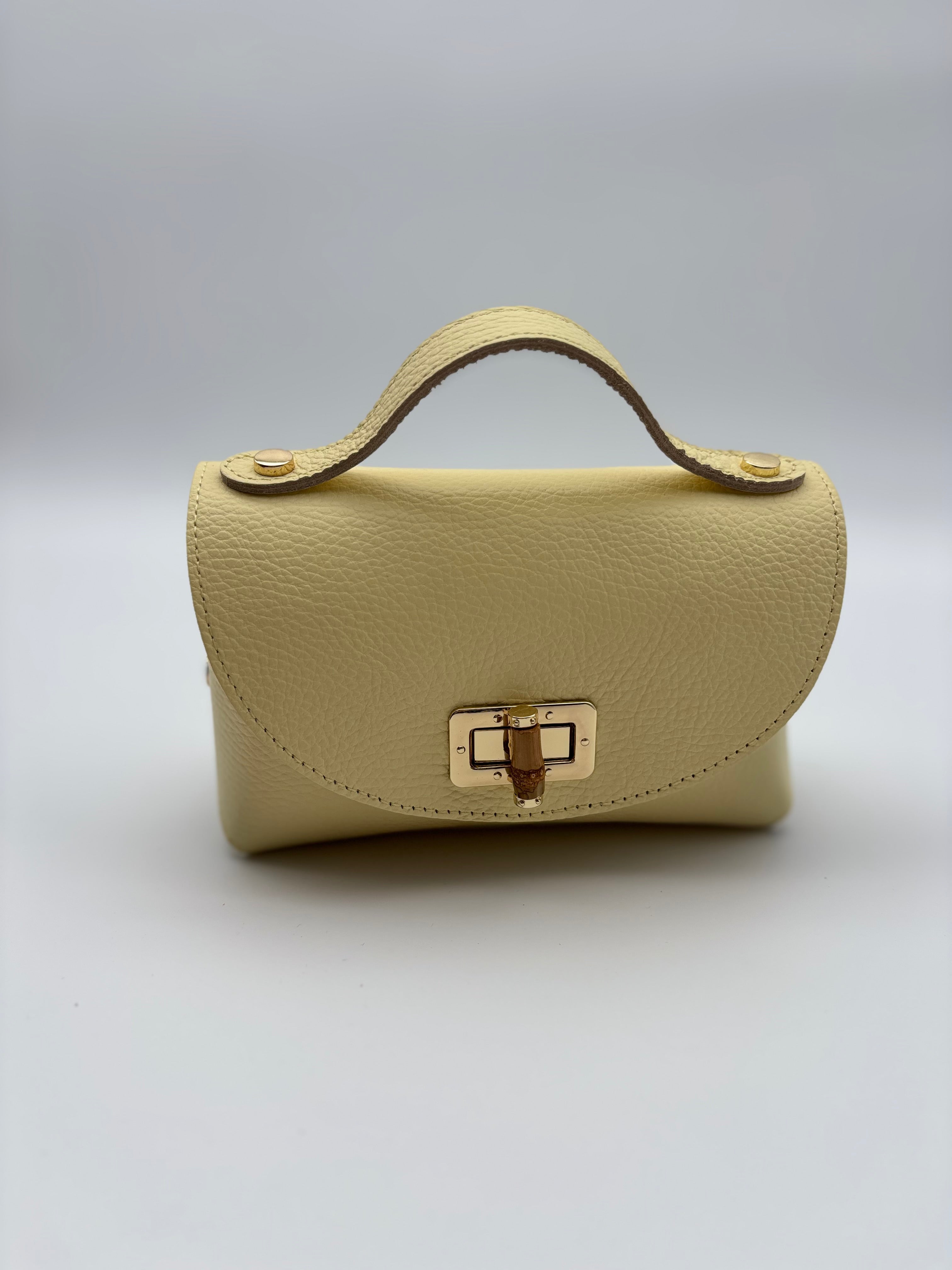 Borsa in vera pelle con chiusura in bambù giallo