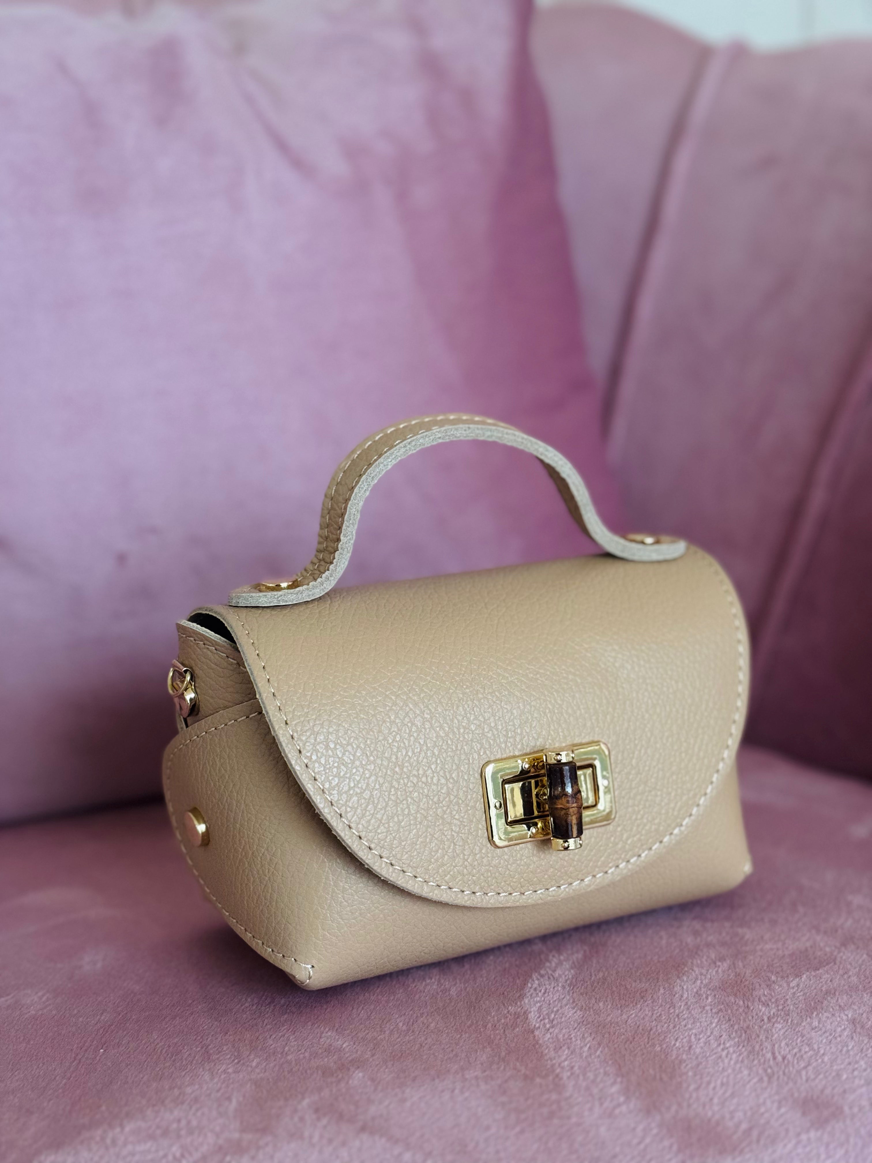 Borsa in vera pelle con chiusura in bambù