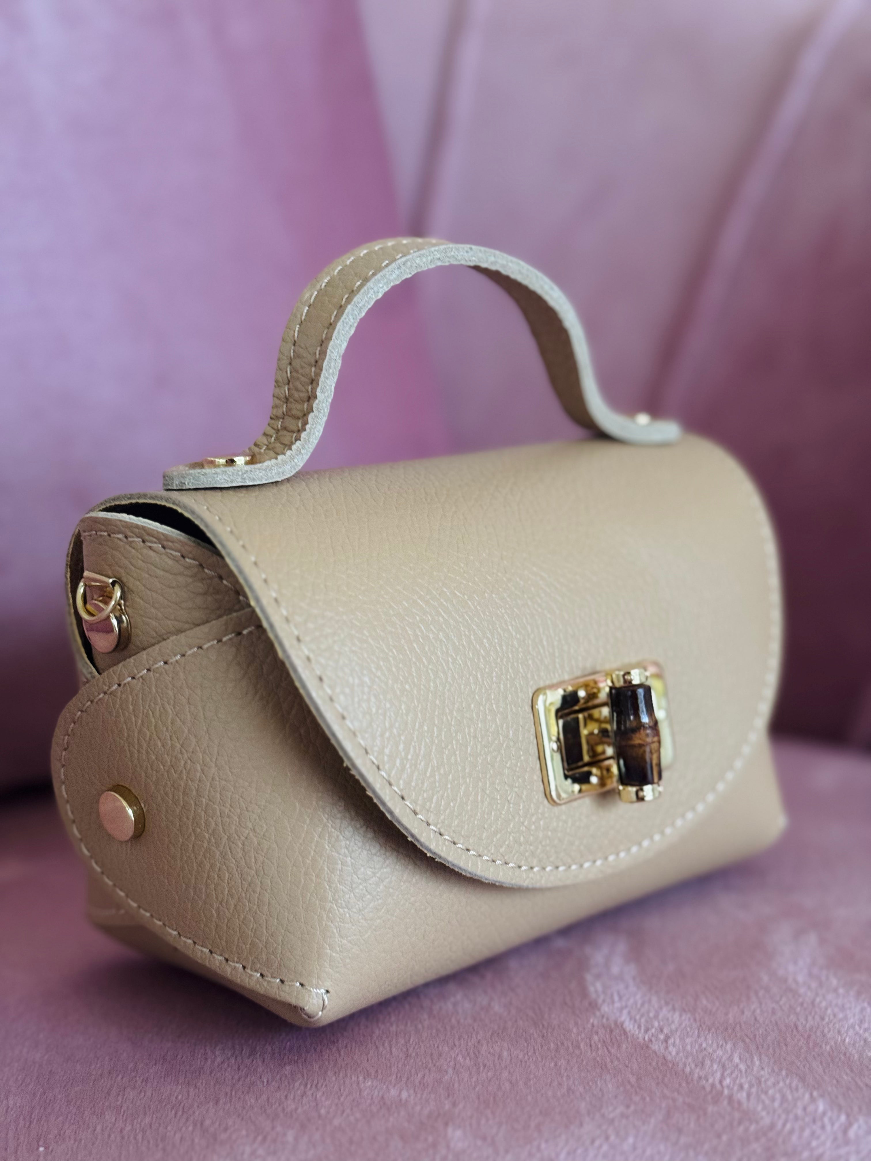 Borsa in vera pelle con chiusura in bambù